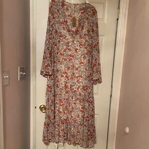 NATURAL LIFE Floral Long Sleeve Dress in Red and White